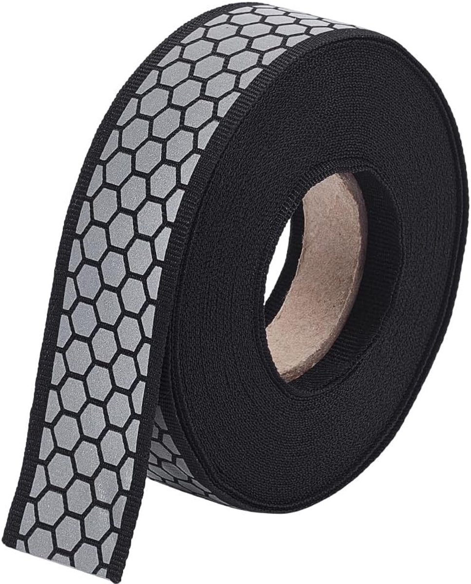 10M Hexagon Print Zilver Naai Reflecterende Tape, 25mm Breed Zwart Polyester Band voor Kleding, Regenjassen en Veiligheidskleding