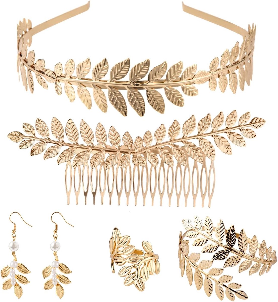 Elegante Griekse Godin Accessoires voor Vrouwen - Hoofdband, Ring, Armcuff en Kam met Faux Parels en Bladmotief voor Feestelijke Kostuums en Theatrale Optredens