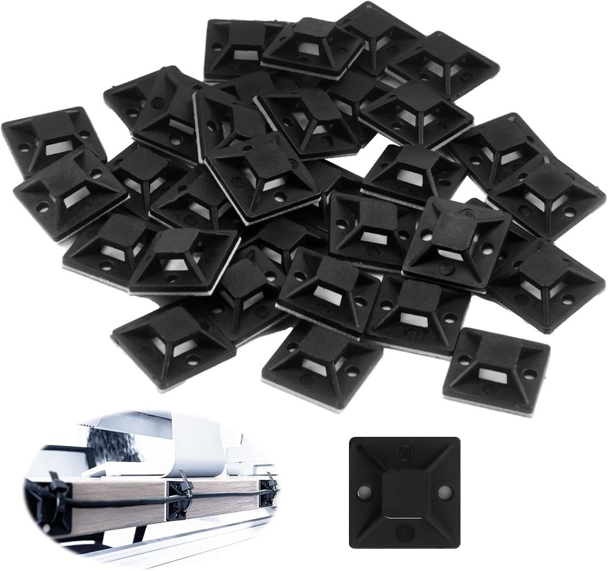 Set van 100 zelfklevende kabelbinders, 28mm x 28mm, voor kabelbeheer en organisatie in huis, kantoor en werkplaats.