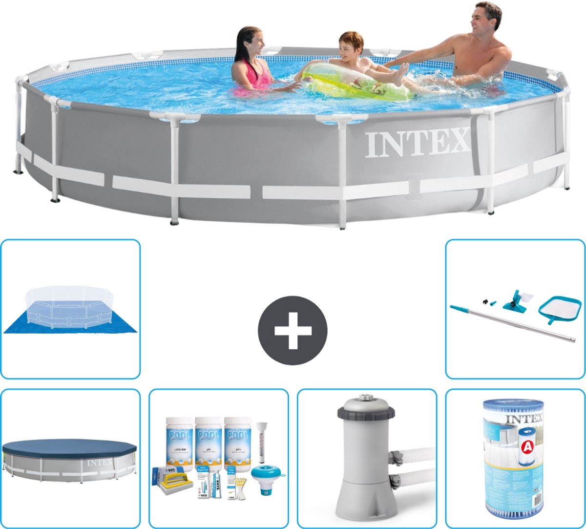Intex Rond Prism Frame Zwembad - 366 x 76 cm - Grijs - Inclusief Afdekzeil - Onderhoudspakket - Zwembadfilterpomp - Filter - Grondzeil - Schoonmaakset - 7-delig
