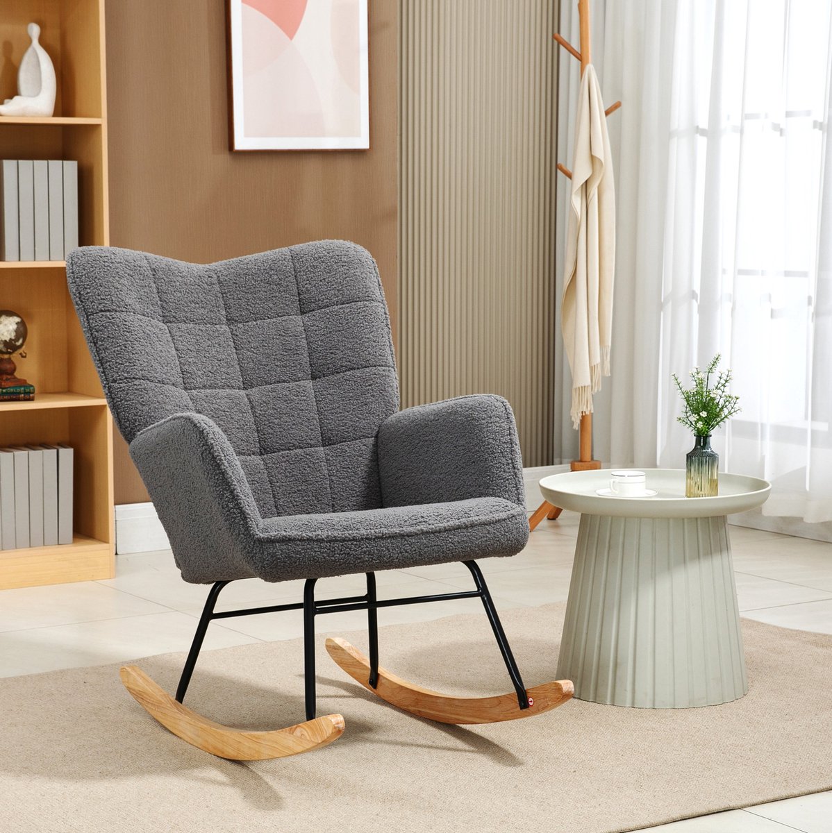 MEUNIQ Schommelstoel fauteuil met armleuningen en hoge rugleuning, gepolsterde stoel met houten onderstel en stalen frame, 98 x 71 x 101 cm, donkergrijs