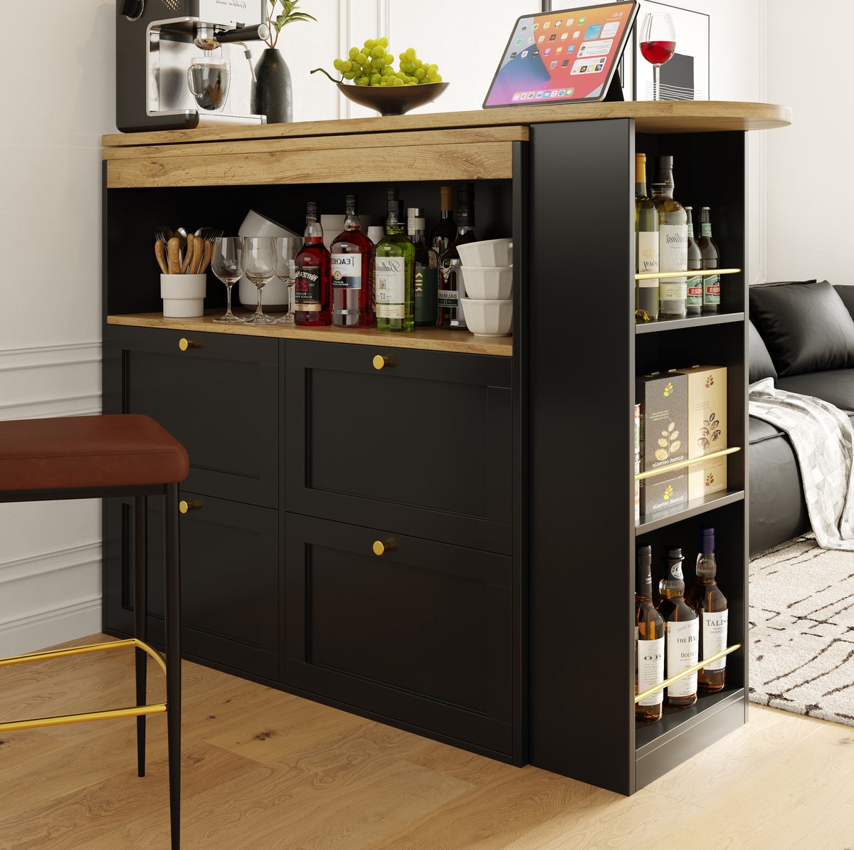 DESMIU Keukenkast - 360° Draaibaar Ontwerp Met 4 Lades En Open Vakken - Voor Keuken Woonkamer Of Werkkamer - MDF - 105x39x102 Cm - Zwart