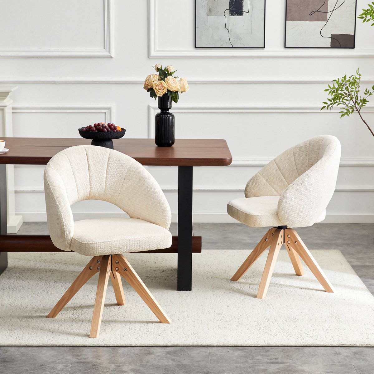 STILVORA 2 Delige Draaibare Kuipstoelen - 360 Graden Stil - Retro Eetkamerstoel Met Armleuningen - Stof en Hout- Wit White