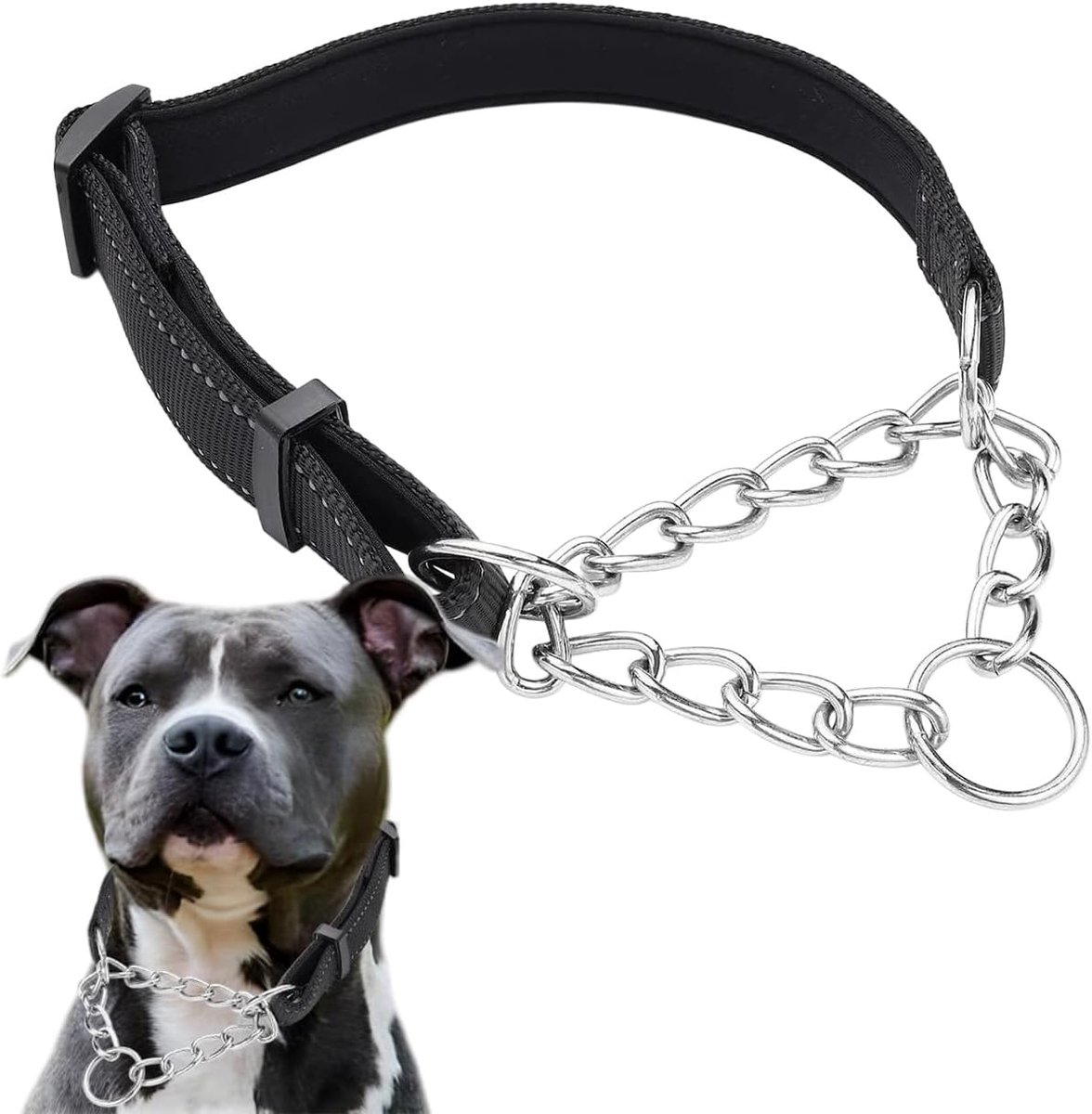 OLOEY Deze anti-stoot trainingshalsband voor honden is gemaakt van reflecterend nylon met zachte vulling en heeft een verstelbare roestvrijstalen ketting-Hij is geschikt voor honden van alle maten (zwart-XL)