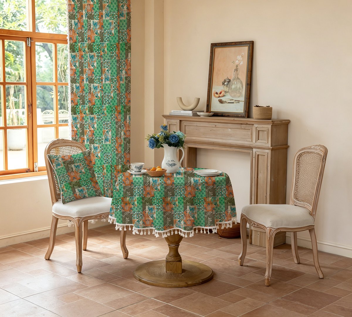 Rond polyester tafelkleed in boho-stijl met groene patchwork-bloemenprint en kwastjes, waterdicht vintage tafelkleed met botanische print en franjes, 140 cm