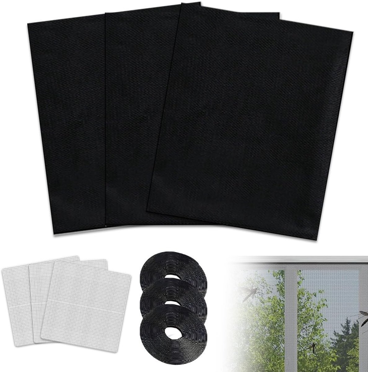 Dailygoods- Vliegengaas - 3 Stuks 1,3 x 1,5 m - Verstelbaar - Zelfklevende Banden - Reparatiepleisters - Duurzaam Netmateriaal - Muggennet