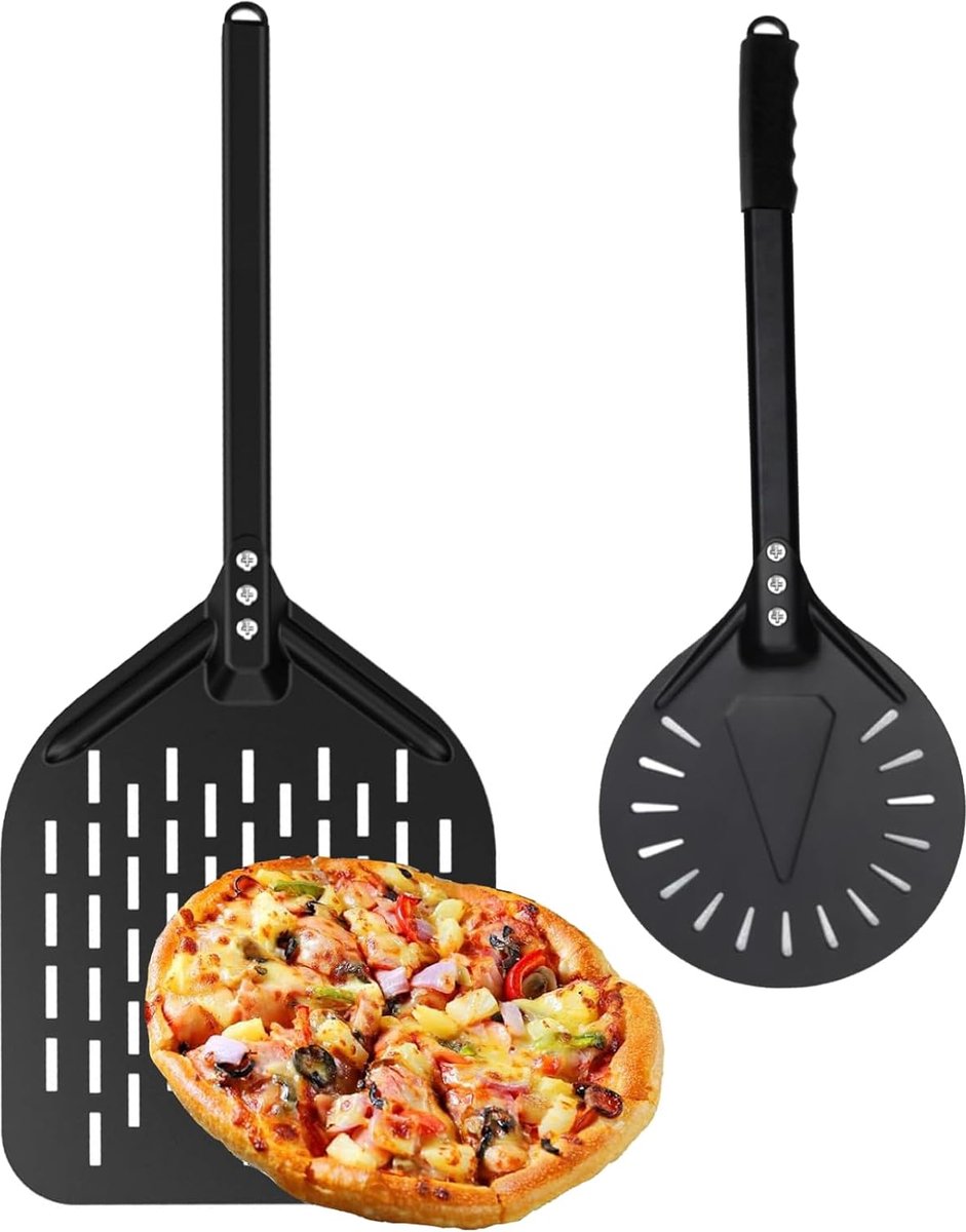 Thijox - Geperforeerde Pizzaschep van Geanodiseerd Aluminium met Afneembare Handgreep - 7-in-12 Pizzaschep voor Draaien en Transporteren - Geschikt vo