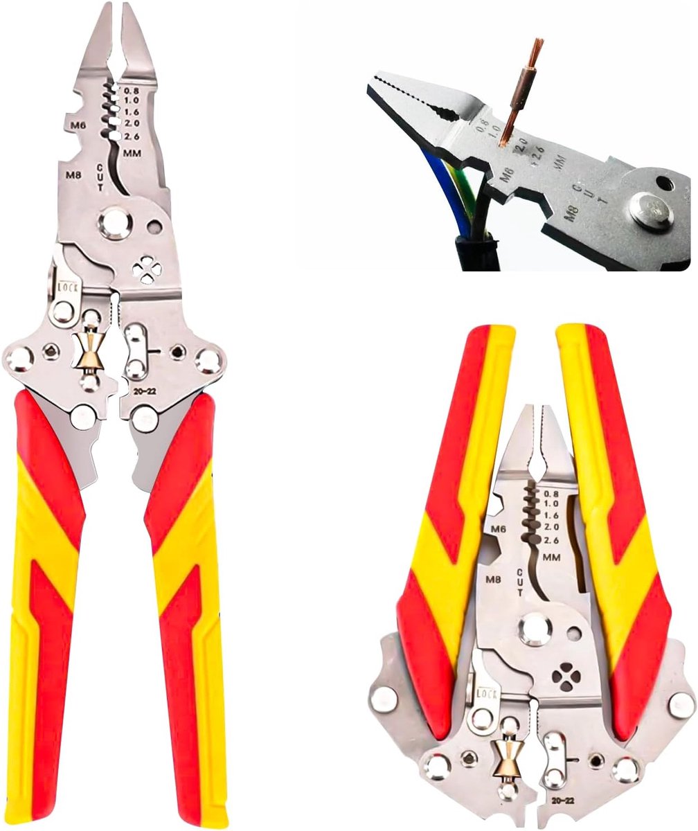 Thijox - Automatische Striptang met Spanningstester - Multifunctionele 9-in-1 Striptang voor Elektrische Kabels - Vanadiumstaal - Rood - 210 mm - Snij