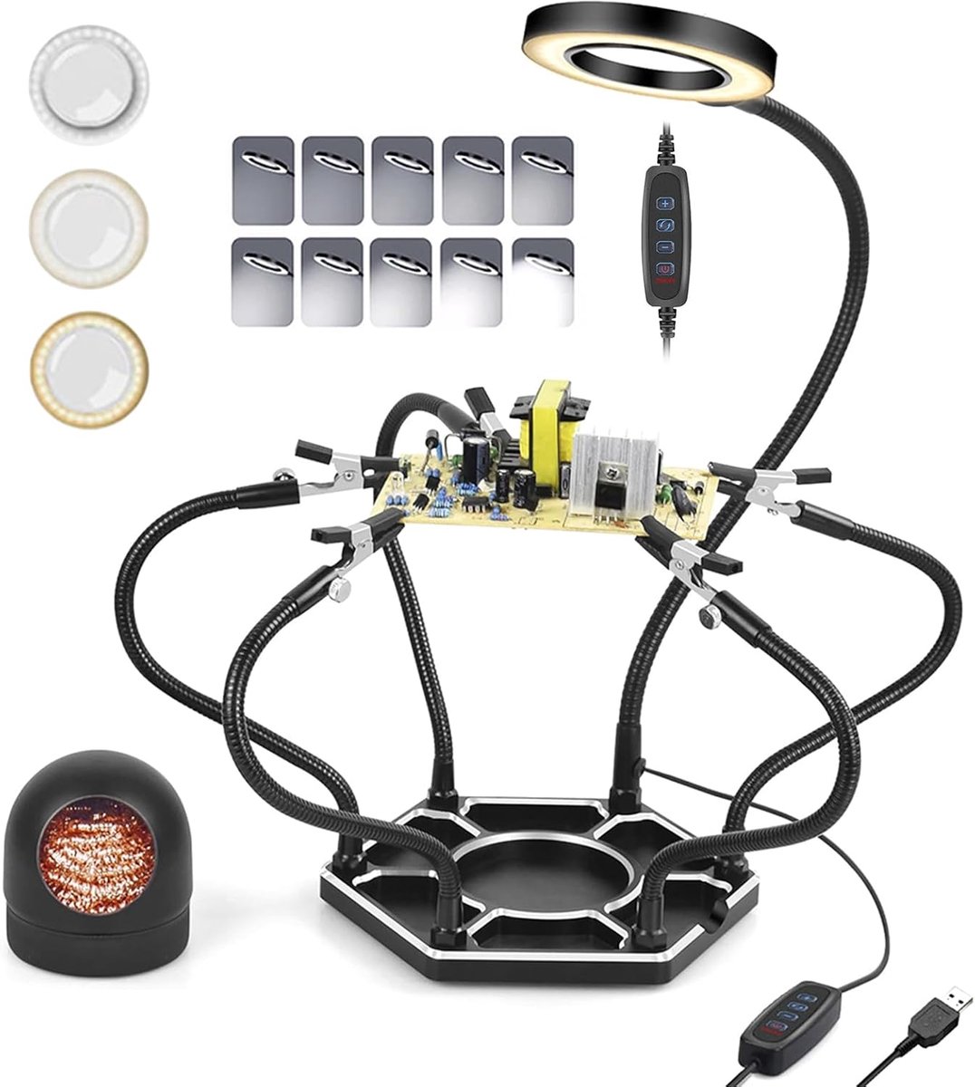 Thijox - Soldeerstation met Vijf Klauwen, 3-Voudig Vergrootglas, Metalen Basis, Ledlicht, USB Oplaadbaar, Perfect voor Elektronische Reparaties en Sol