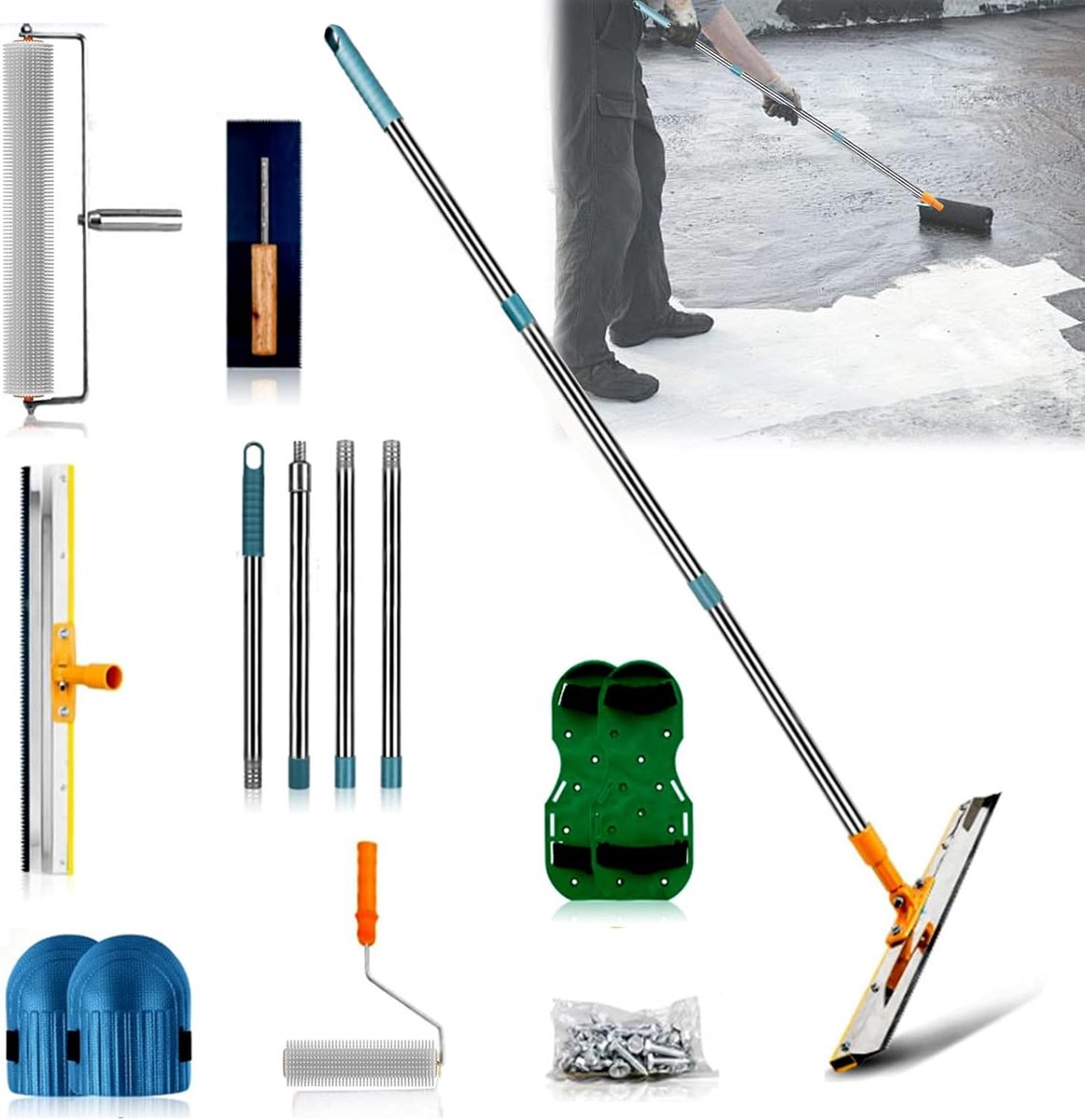 Thijox - Vloercoatingset met Compensatiemassa, Vloergereedschapset, Prikkelrol 50 cm, Verfroller, Roestvrijstalen Spatel 56 cm, Nagelschoenen, Verleng