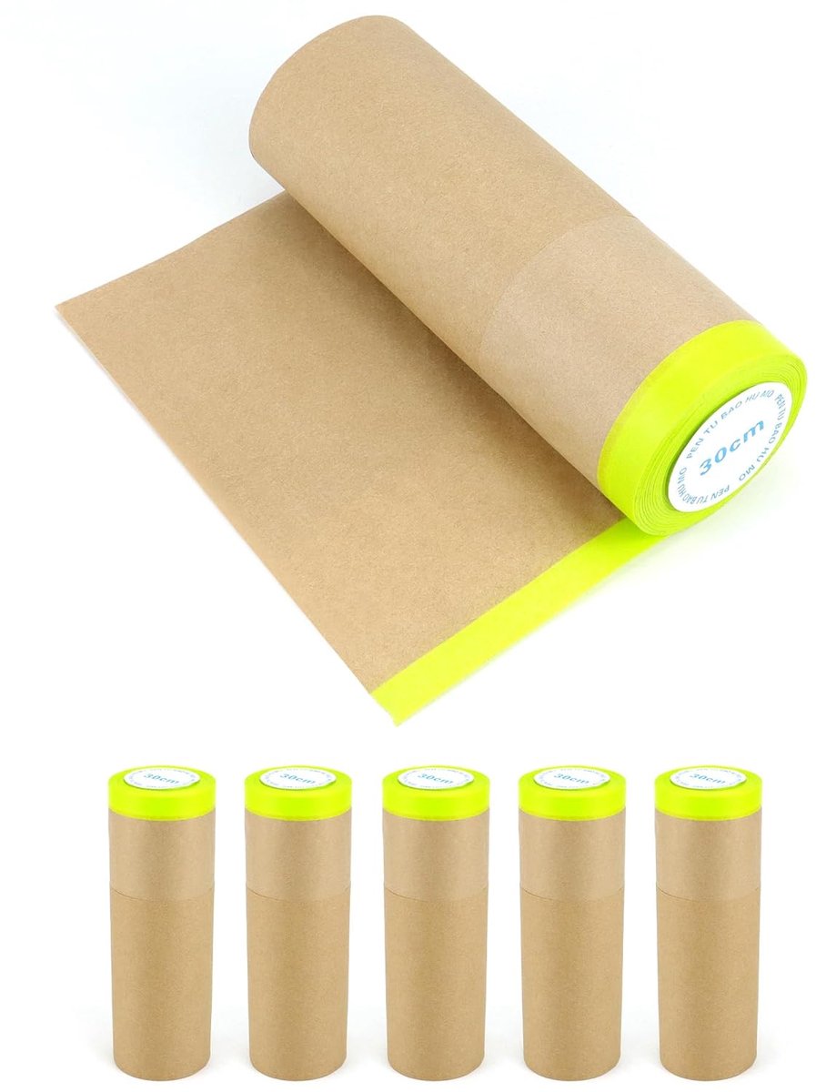 Thijox - 6 Stuks Schildersmaskerpapier 30 cm x 15 m - Zelfklevende Maskeringstape met Strips voor Schilderen, Klussen, Decoratie, en Meer