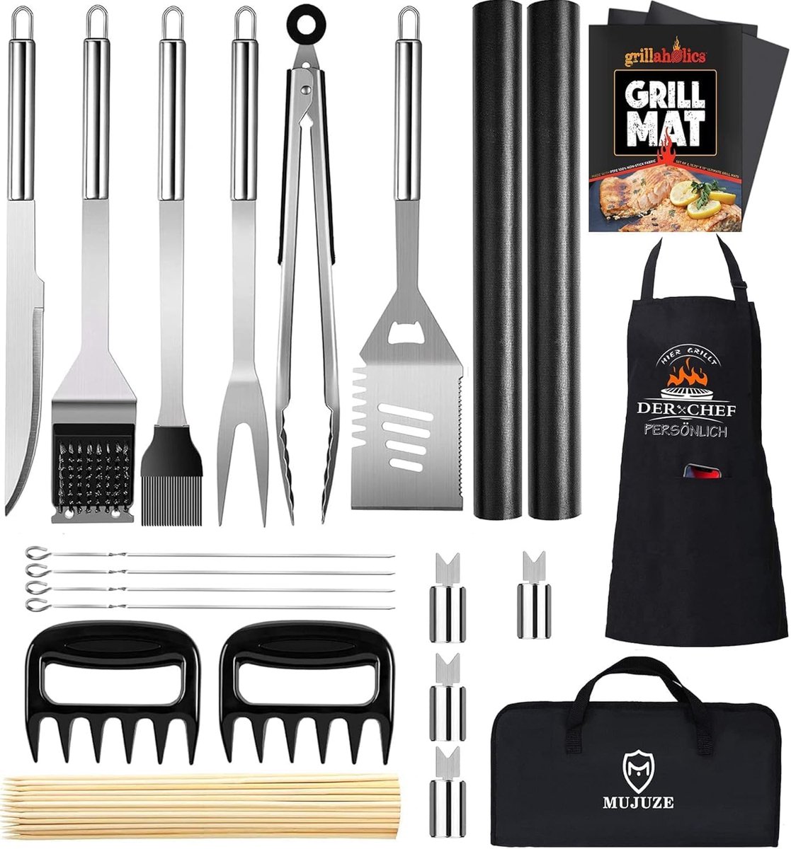Thijox - 21Pcs Grill Accessoires Set - Professionele BBQ Grillset van Hoogwaardig Roestvrij Staal - Inclusief Grillspatel, Kurkentrekker en Meer - Per