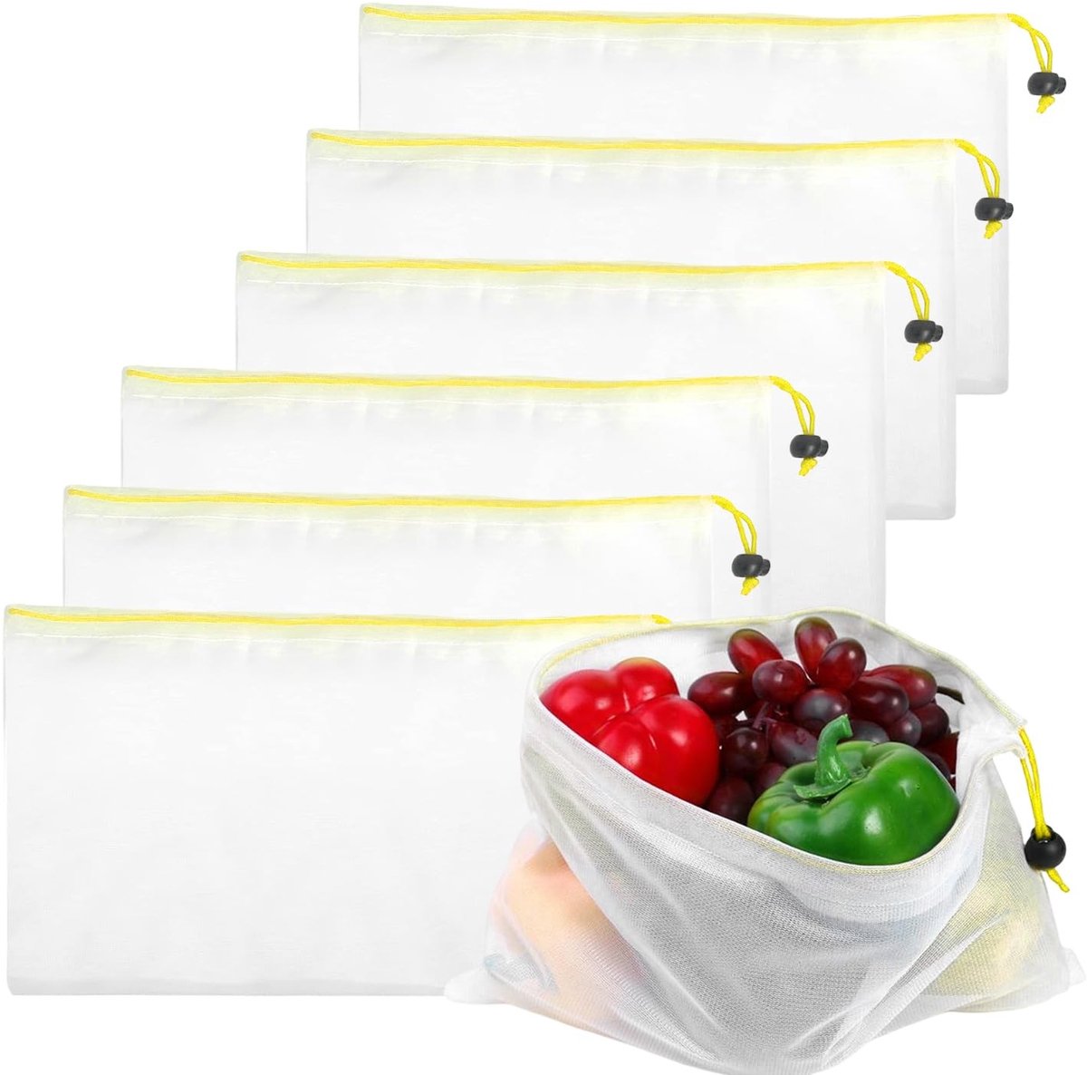 Dailygoods- Netzakken 6 Stuks - Herbruikbare Trekkoorden Netzakken - Boodschappentas voor Fruit/Groenten - Duurzaam Nylon - Lichtgewicht en Opvouwbaar