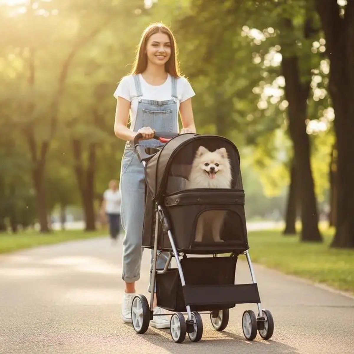 Dailygoods 4-wielige opvouwbare hondenbuggy met gaasramen & opbergmand - zwart