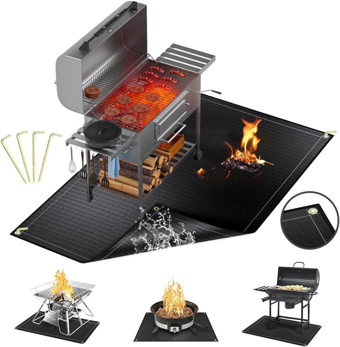 Grill Mat Floor Protector Fireproof 152 x 115 cm Foldable Mat with Holes and Nails Waterproof Oil-proof Protection for Barbecue