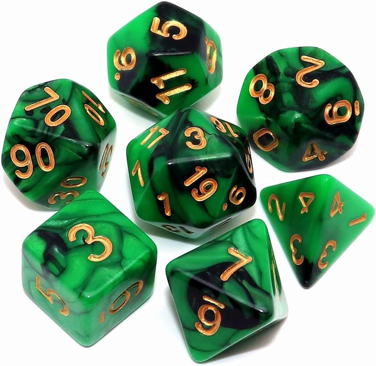 Thijox - Green Mix Zwarte Dobbelstenen Set DND Polyhedraal Dobbelstenen voor Kerker en Draken D&D RPG Rollenspellen - 7 Stuks van Acryl met Gouden Num