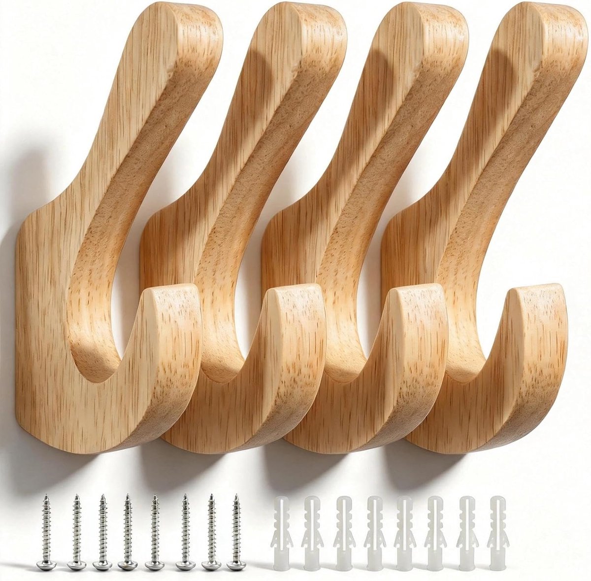 Thijox - Wandhaken van Hout - 4 Stuks - Dubbele Haken - Massief Eiken - Garderobehaken voor Woonkamer, Slaapkamer, Hal - Natuurlijke Kleur - Inclusief