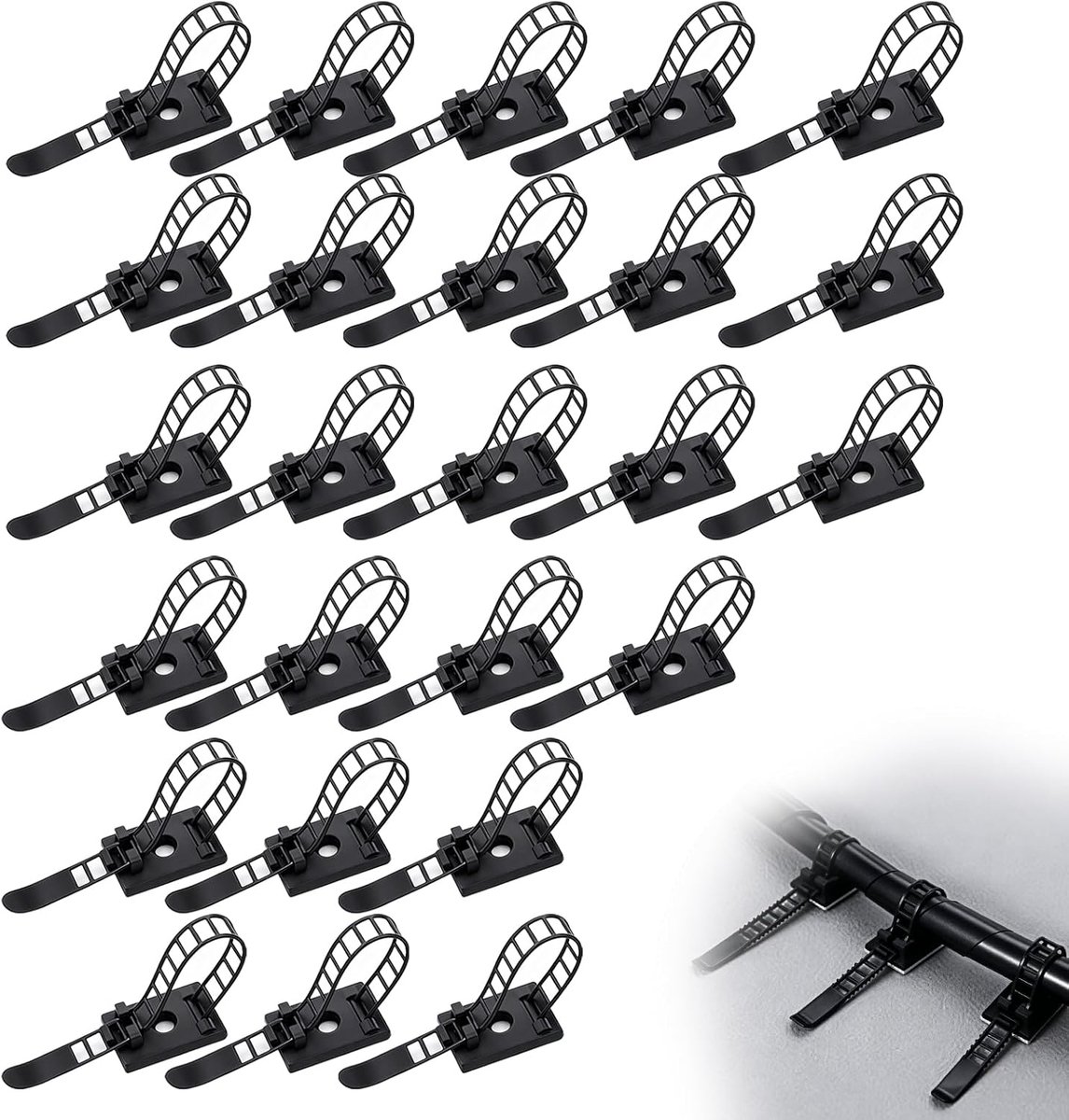 Thijox - 25 Stuks Kabelclips Zelfklevend Kabelklemmen 8mm Kabelbinders Herbruikbaar Zwart Kabelbeheer Kabelbevestiging voor Bureau en Thuisgebruik