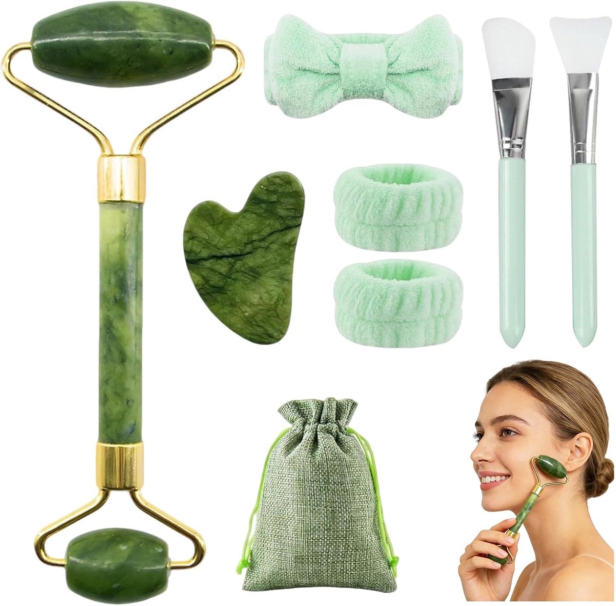 Thijox - Gua Sha Stone Set en Jade Roller Gezicht Roller Natuurlijke Jade Gezichtsmassagegereedschap voor Zwellingen van de Ogen en Huidverzorging (Gr