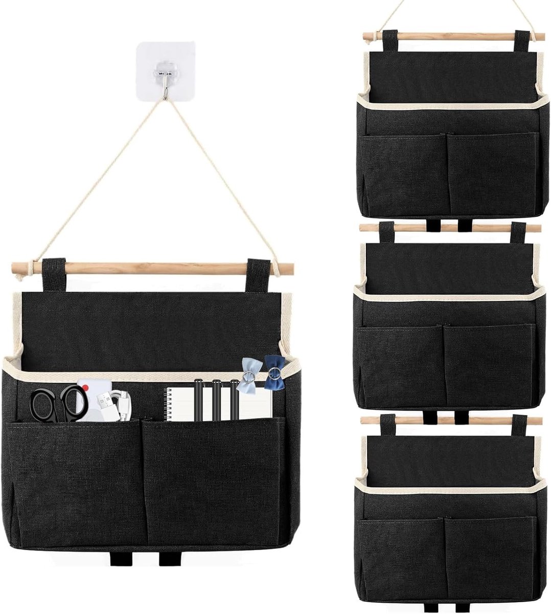 Hanging Storage Bags voor Wandorganizer met 2 Compartimenten en Plakhaakjes, Ideaal voor Thuis, Kantoor en RV Opslag (Zwart)