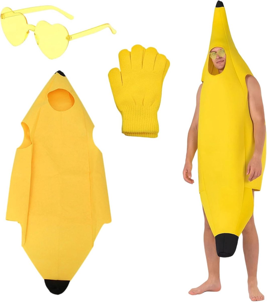 3-delige Bananen Kostuum Set voor Volwassenen, Leuk Fruit Kostuum voor Feestjes, Themafeest en Kerst, Geschikt voor Mannen en Vrouwen