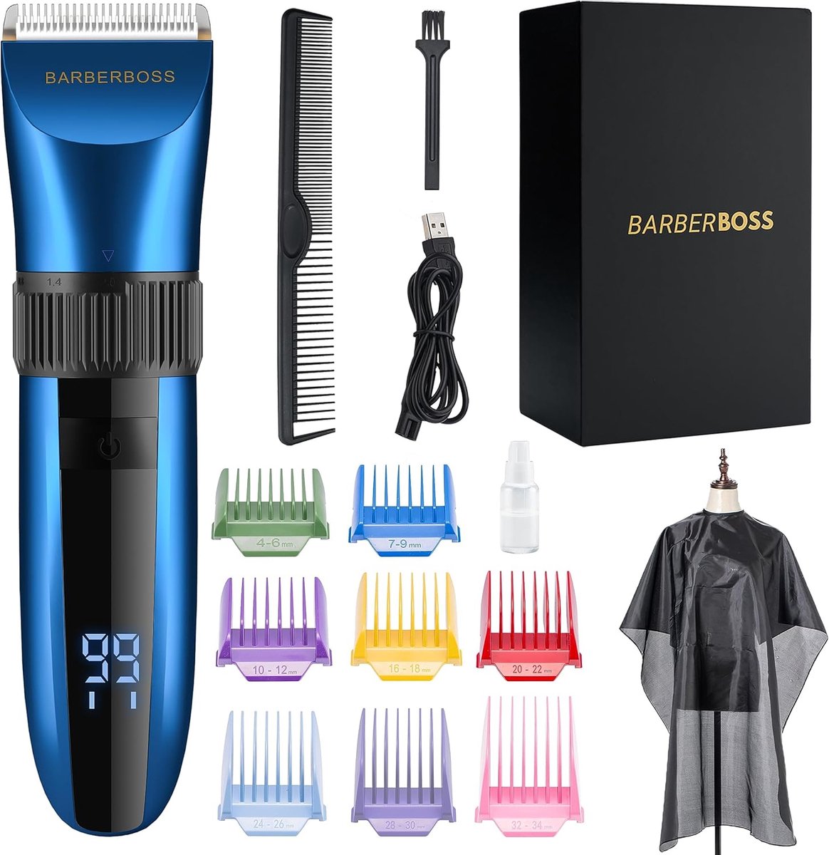 Thijox - Draadloze zelfslijpende baard- en haartrimmer met keramische messen, waterdicht, LED-display, snel opladen en 8 kleuren kamhulpstukken QR-208