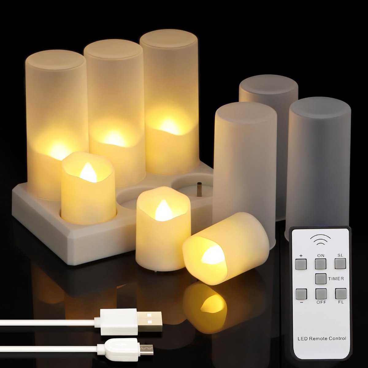 Thijox - Oplaadbare LED-theelichtjes Set van 6 - Dimbare Elektrische Votief-kaarsen met Afstandsbediening en Timer, Warm Wit - Perfect voor Halloween