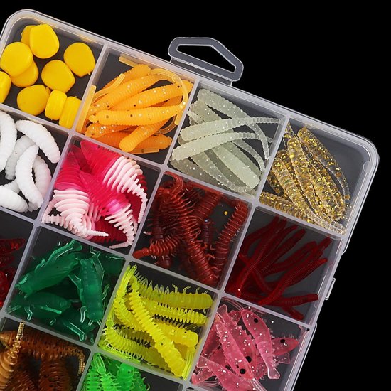 Thijox - 190-delige Topwater Lokaas Set voor Vissen, Gemengd Kunstaas in Visgerei Doos, Zacht Kunstaas met Worm, Garnaal, Maïs, Duizendpoot voor Baars — afbeelding 5
