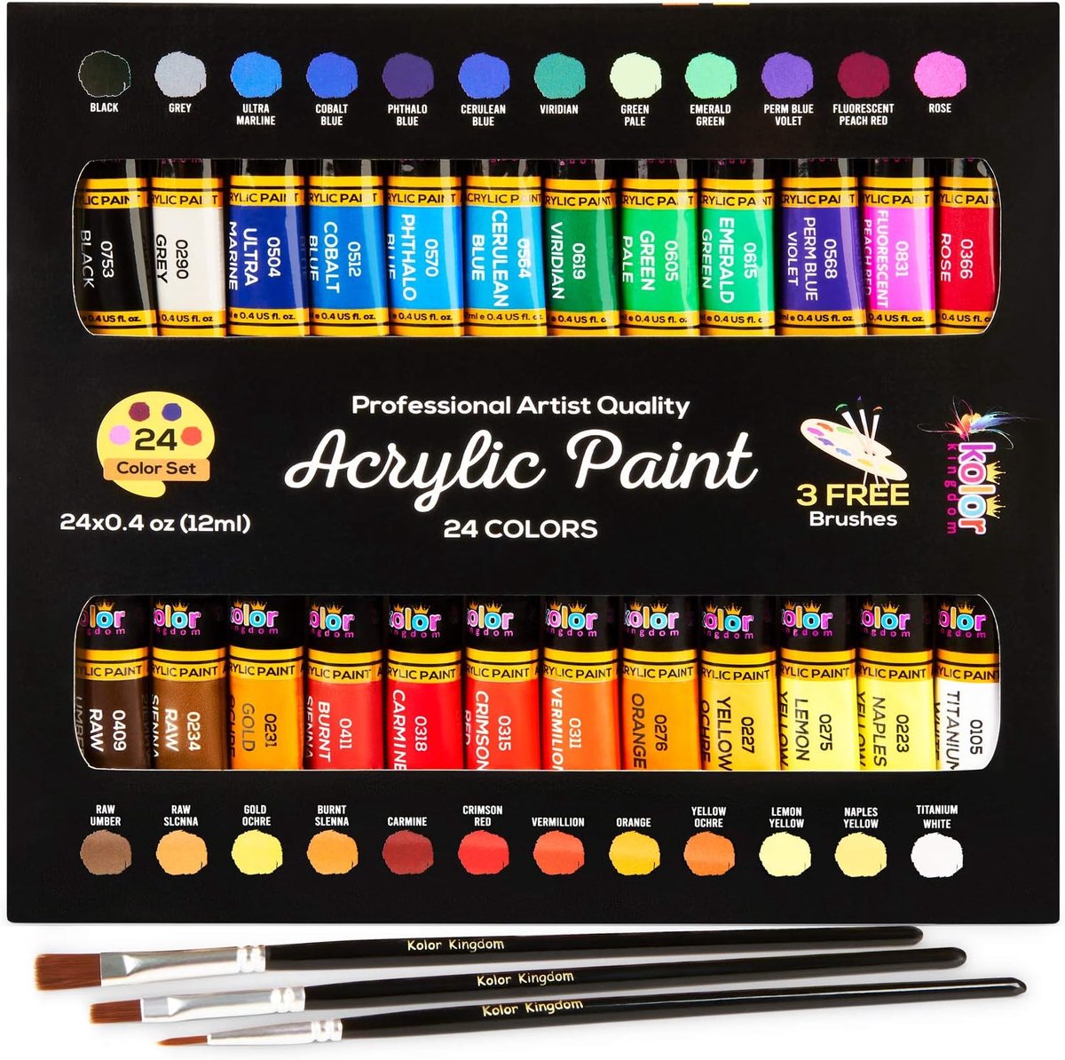Thijox - Acrylverfset 24 Kleuren - Professionele Canvas Verfset met 3 Penselen - Levende Kleuren voor Kinderverf, Ambachten, Papier, Hout, Keramiek en