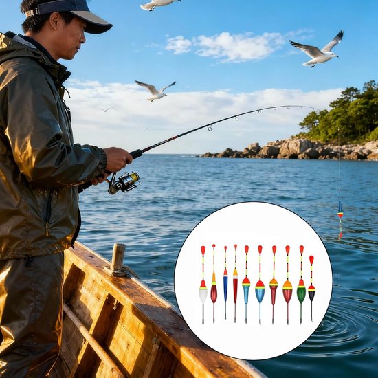 Set van 10 dobbers met 4 rubberen stoppers en 3 vertebrae voor het vissen op forel en andere vissoorten in meren en vijvers van Merkloos — afbeelding 3
