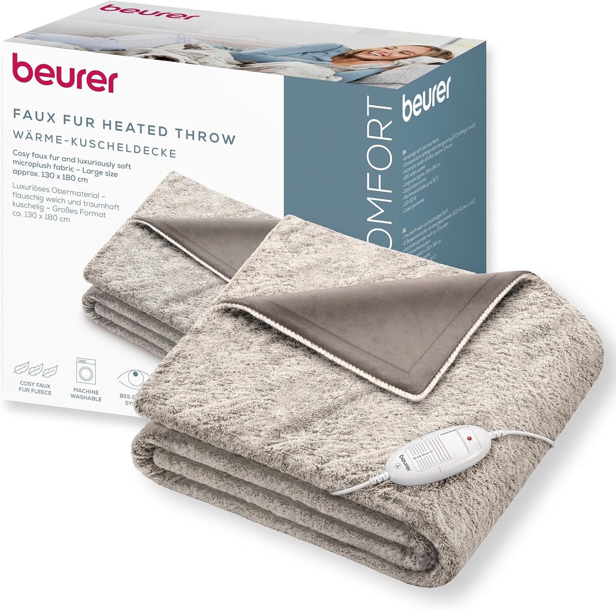 Thijox - Verwarmde Deken 180x130 cm - Imitatiebontlook - 6 Temperatuurstanden - Machinewasbaar - Beige/Bruin - Cosy Warmtedeken voor Thuis, Camping en