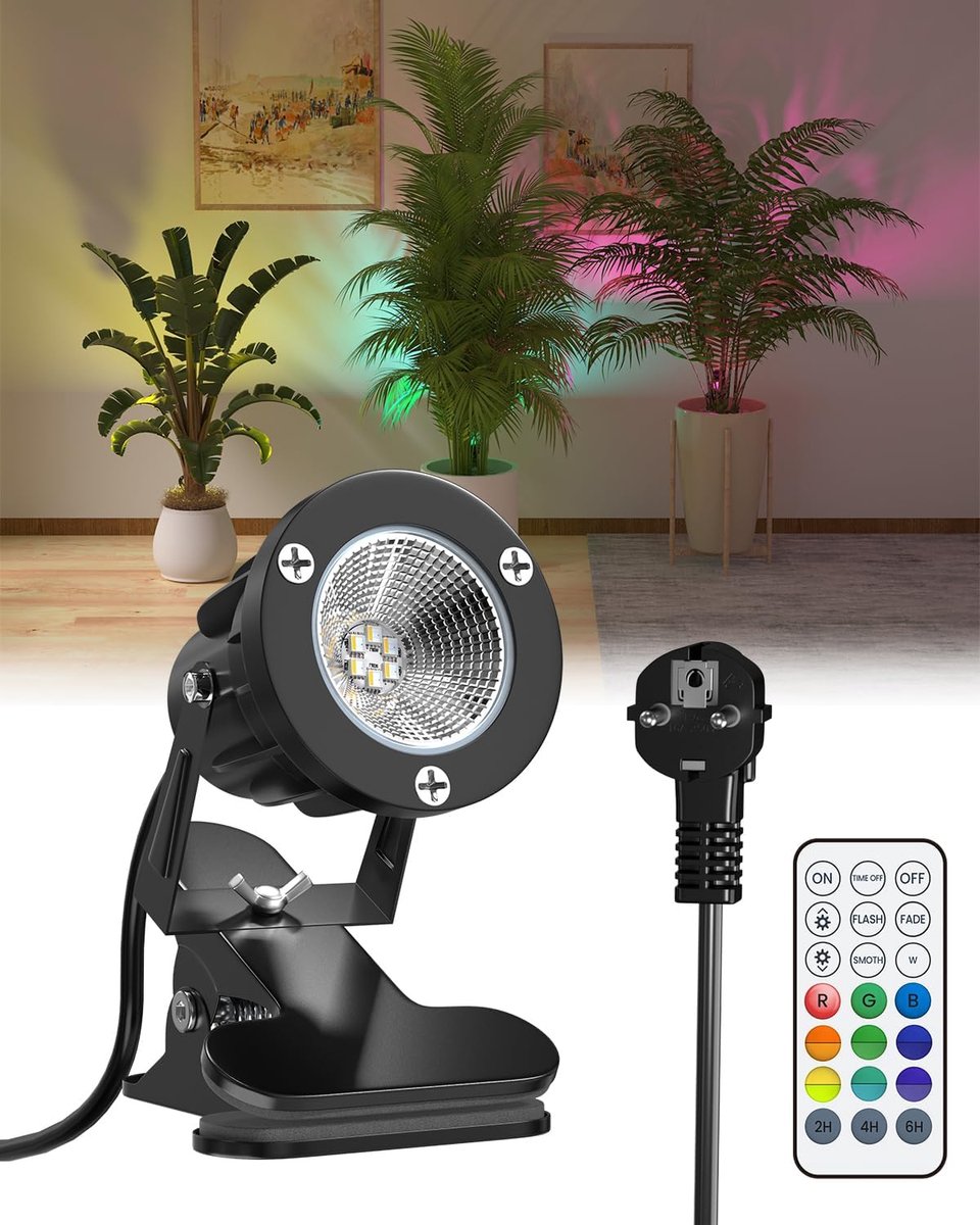 Thijox - 6W RGB LED-Klemspot met Afstandsbediening, 15 Kleuren + Warm Wit 3000K, IP65 Waterdicht voor Binnen en Buiten, 1,78m Kabel, Perfect voor Tuin