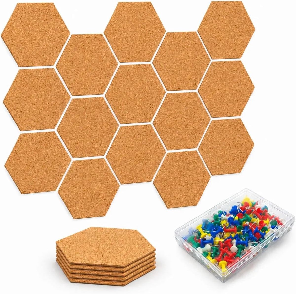 Dailygoods- Kurkwandpanelen 20 Stuks - Zeshoekige Prikborden - Zelfklevende Kurkborden - Miniatuurpunaises - Creatieve Decoratie - 100 × 86 × 3 mm - Prikbord