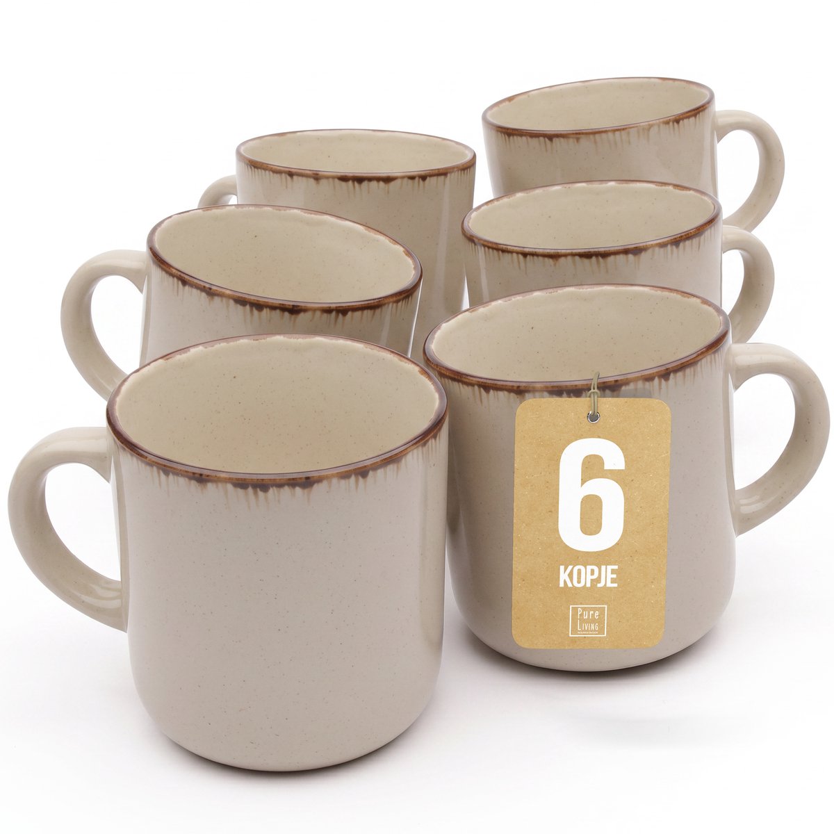 Pure Living Rustic Koffiekopjes - Beige - Set Van 6 (350 ml) - Massief Aardewerk - Landelijk Design - Magnetron & Vaatwasserbestendig