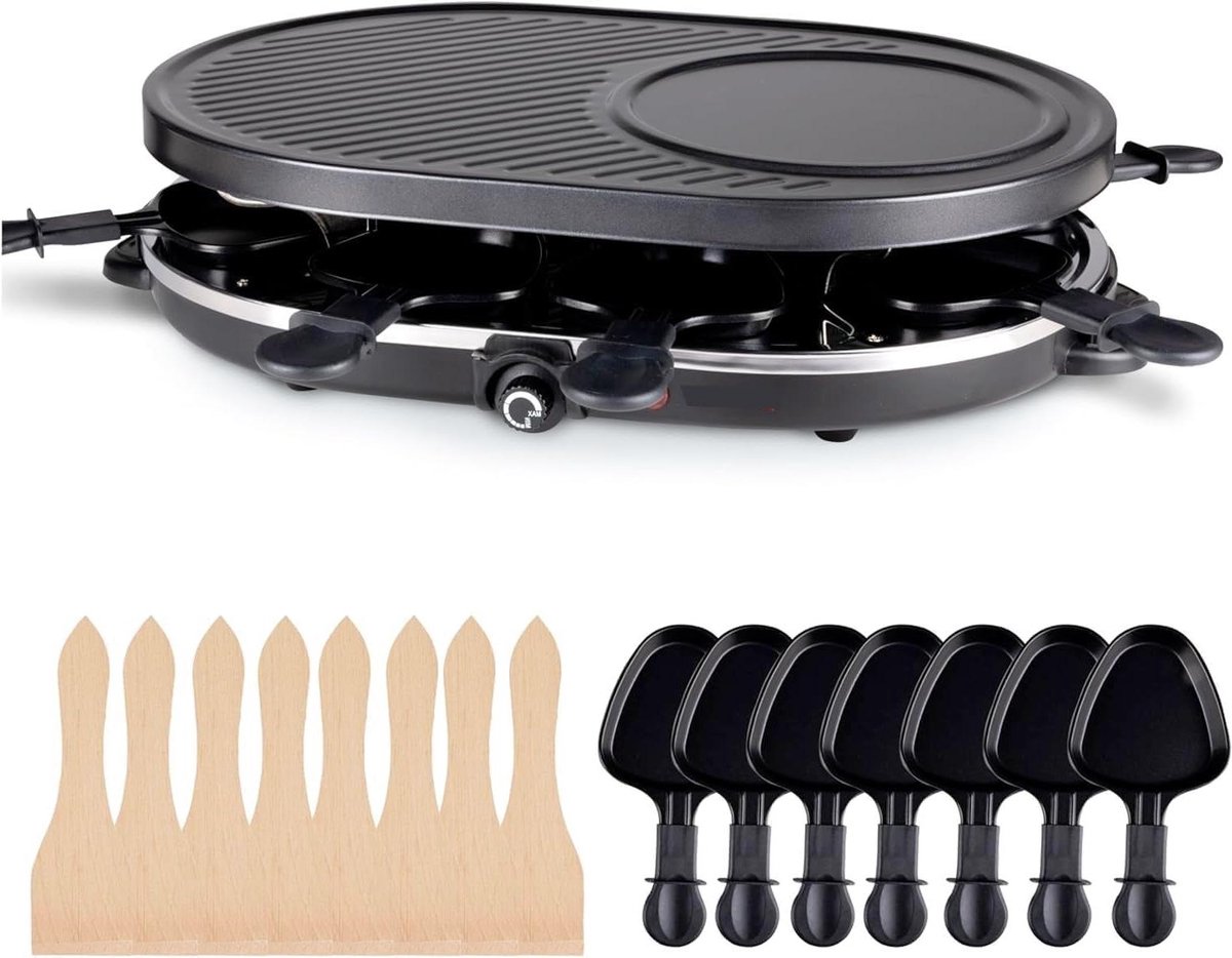 Tafelgrill Raclette - Elektrische grill - Gezellig tafelen - 8 personen set - 1200 Watt - Zwart