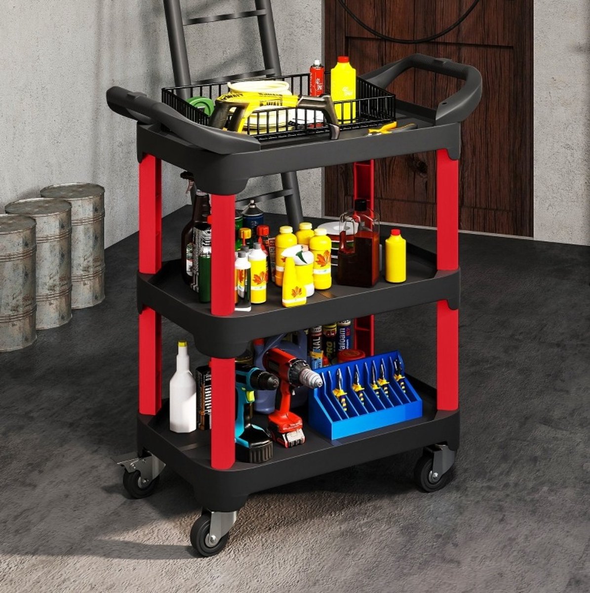 MEUNIQ Gereedschapskar 81 x 43 x 96 cm met 3 niveaus, zijgrepen en 4 wielen, kunststof werkplaatswagen met 68 kg draagvermogen voor garage, werkplaats en magazijn