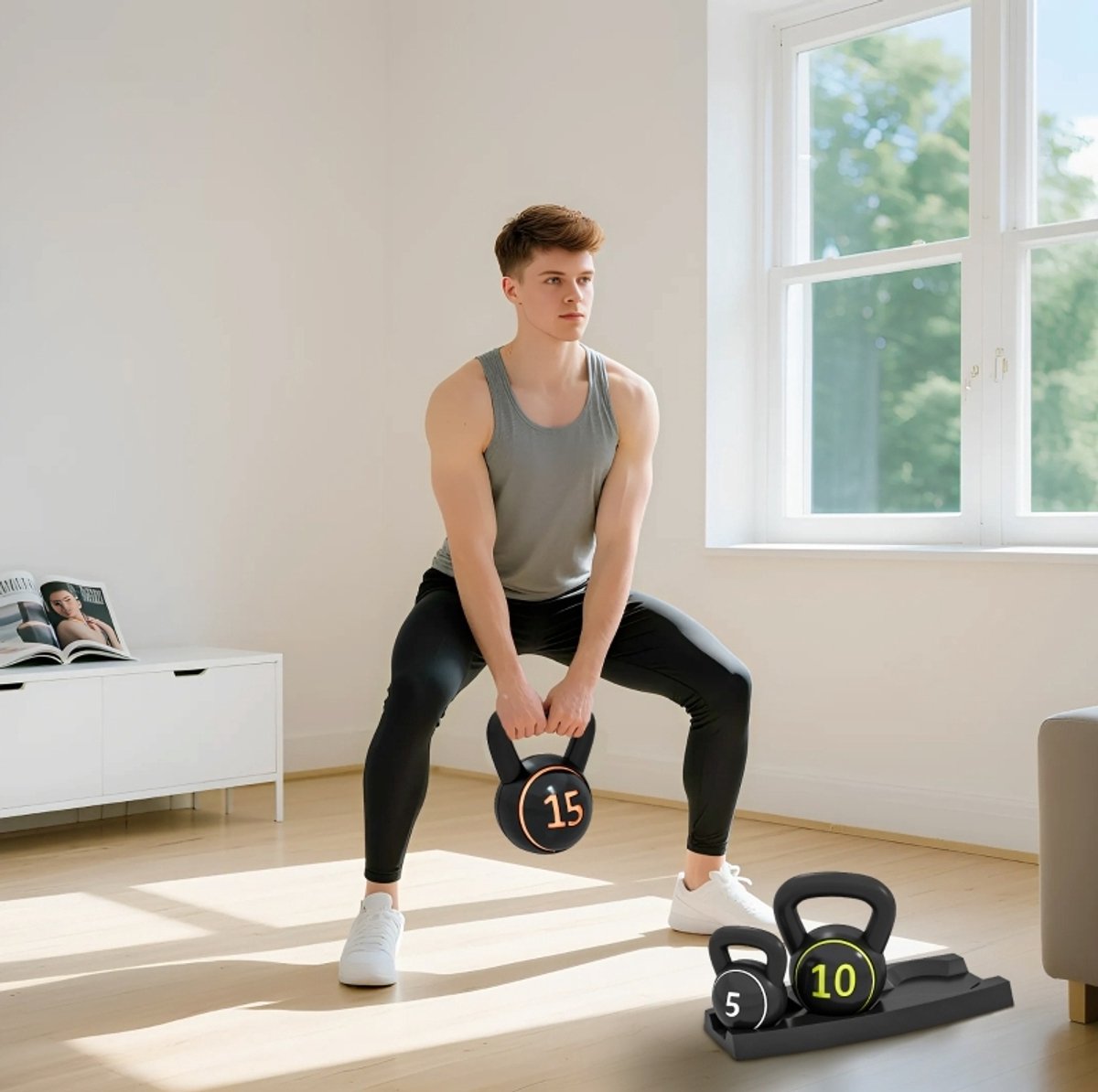 MEUNIQ kettlebell set 3-delig 2,2 kg 4,5 kg 6,8 kg met ergonomische greep, platte onderzijde en opbergbasis voor thuistraining, zwart