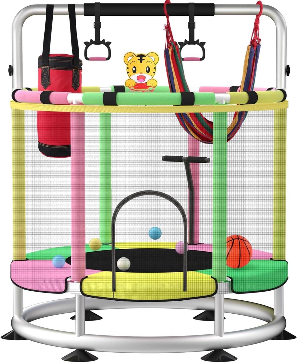 Kinder trampoline - Springkussen - Binnen buiten spelen - Verstelbare T-leuning - 140 cm - Groen roze