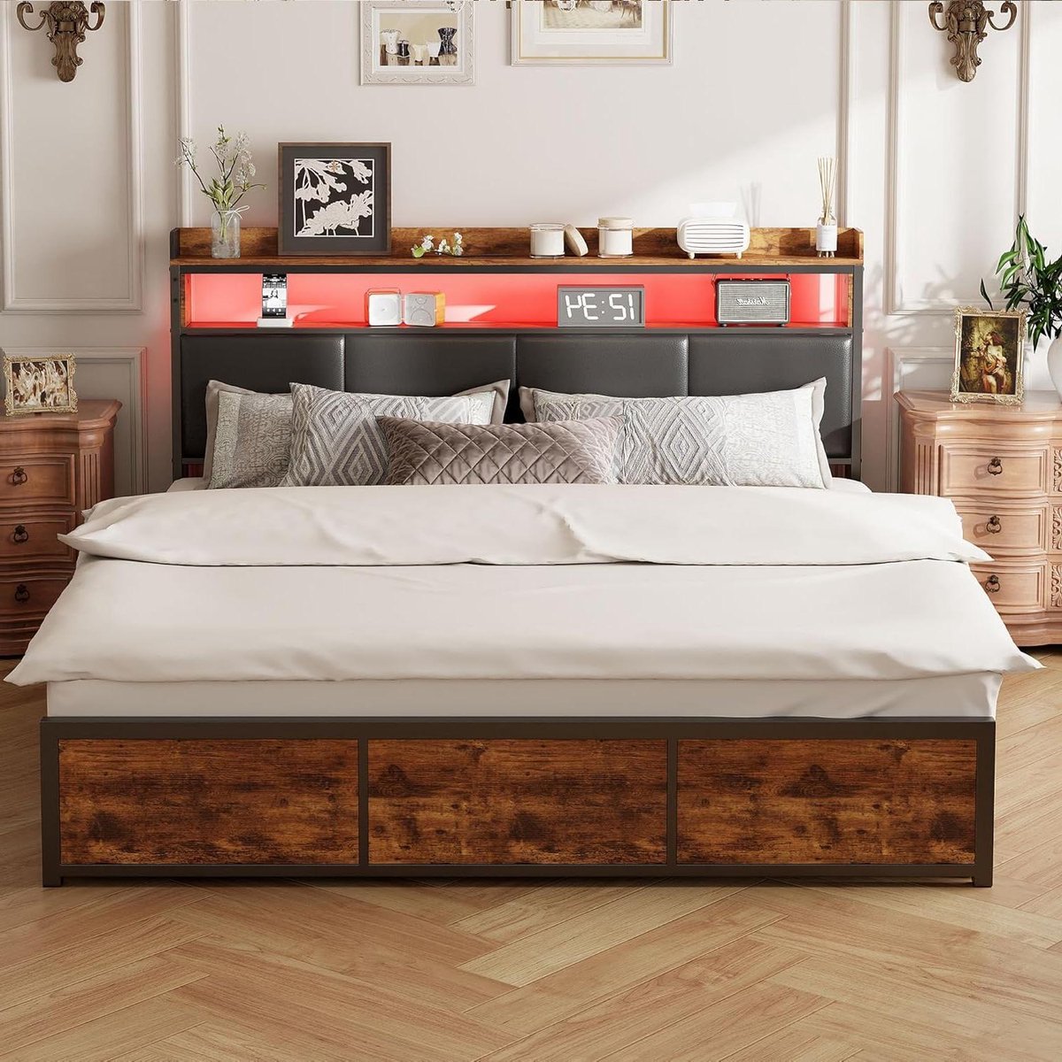 Bedframe met Opbergruimte - Platform Bed - Slaapkamer Organisatie - Geïntegreerde LED Verlichting - 140x200cm - Vintage Bruin