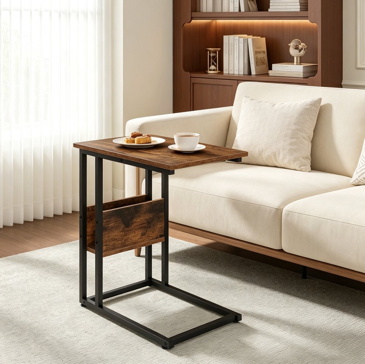 MIVRAY Bijzettafel - C-Vormig Design Met Opbergplank - Voor Bank, Bed En Thuiskantoor - Hout En Metaal - 55x36x59,5 Cm - Rustiek Bruin