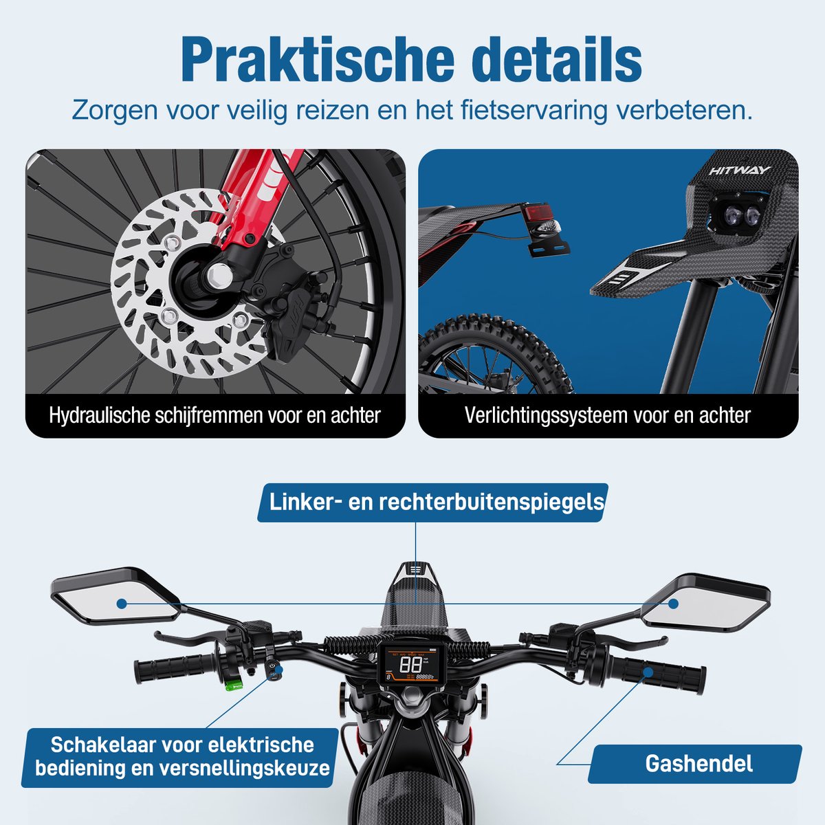 HITWAY Elektrische Bromfiets HT500 - 2500W elektrische scooter, elektrische motorfiets tot 45km/u, 60V 27Ah lithium accu, actieradius 45-60km - hydraulische schijfremmen voor en achter – foto 2