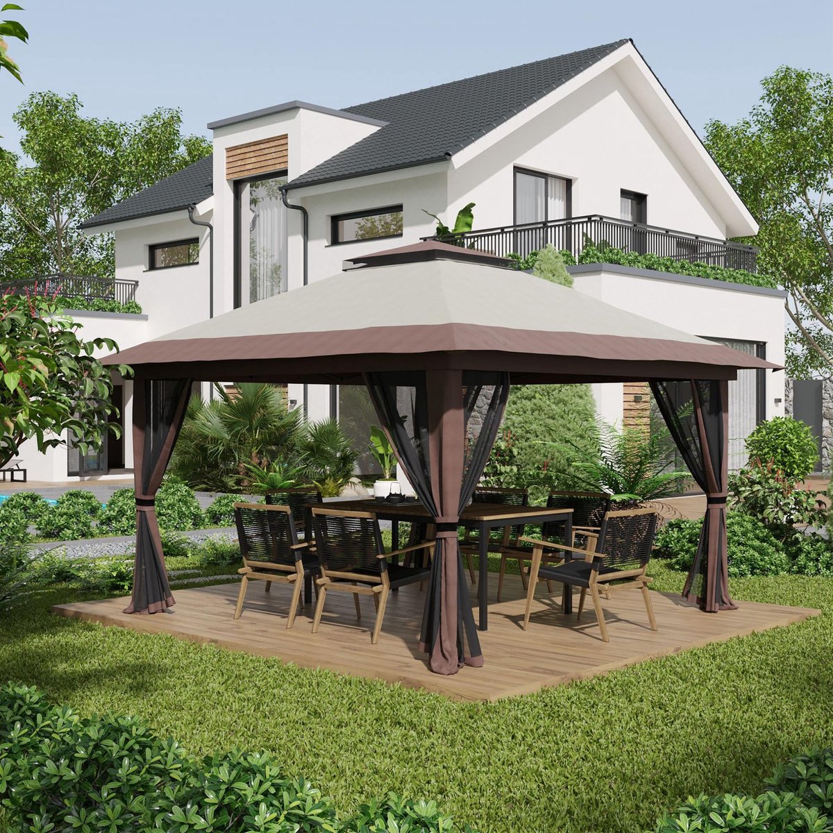 MEUNIQ partytent paviljoen 392 x 392 cm met dubbel dak, hoogteverstelbaar in 3 standen, opvouwbaar met netgordijnen en UV50+ zonbescherming voor tuin, beige