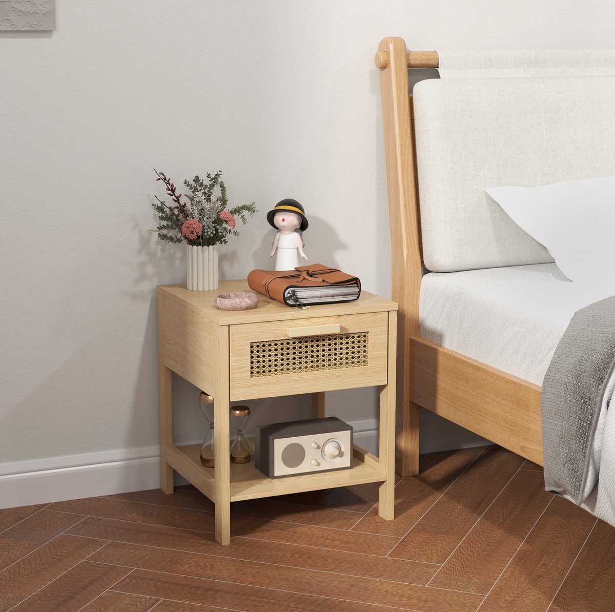MIVRAY Nachtkastje - Compact Kastje Met Lade En Open Vak - Voor Slaapkamer Of Woonkamer- 40x40x48,4 Cm - Hout Met Rotanlook - Naturel
