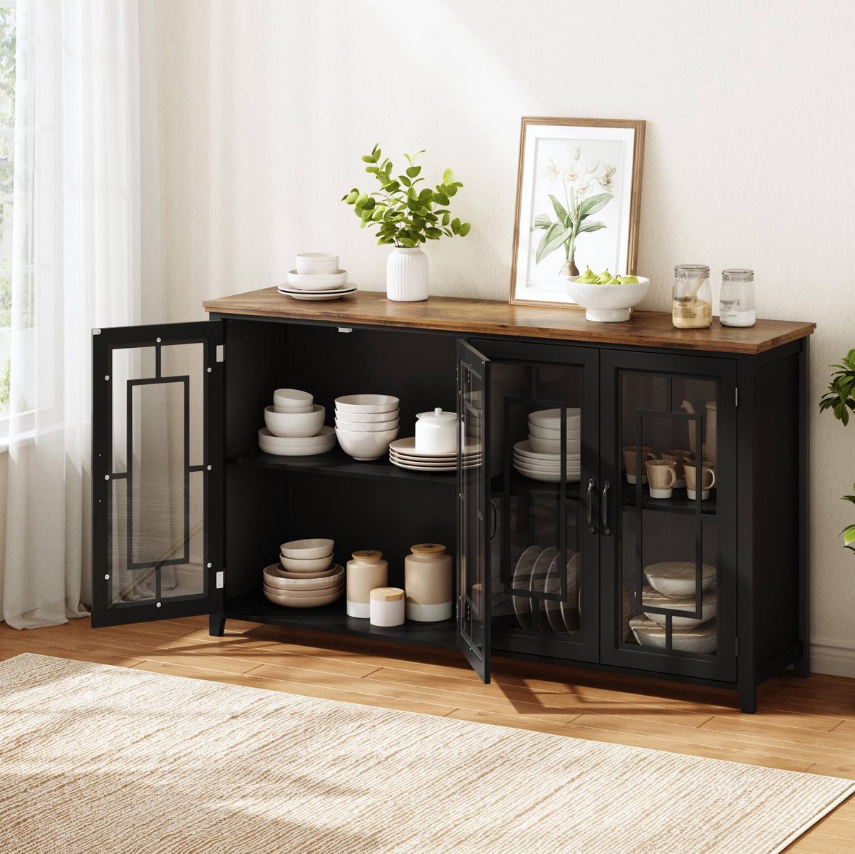 MIVRAY Keukenkast - Keuken-Sideboard Met Glazen Deuren En Grote Opbergruimte - Voor Keuken Eetkamer En Woonkamer - MDF - Zwart - 160x40x86 Cm