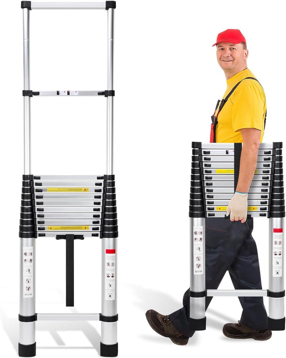 Telescopische Ladder - Uittrekbare Ladder - Klusklare Hulp - Lichtgewicht Aluminium - 5 Meter Hoog - Zilver