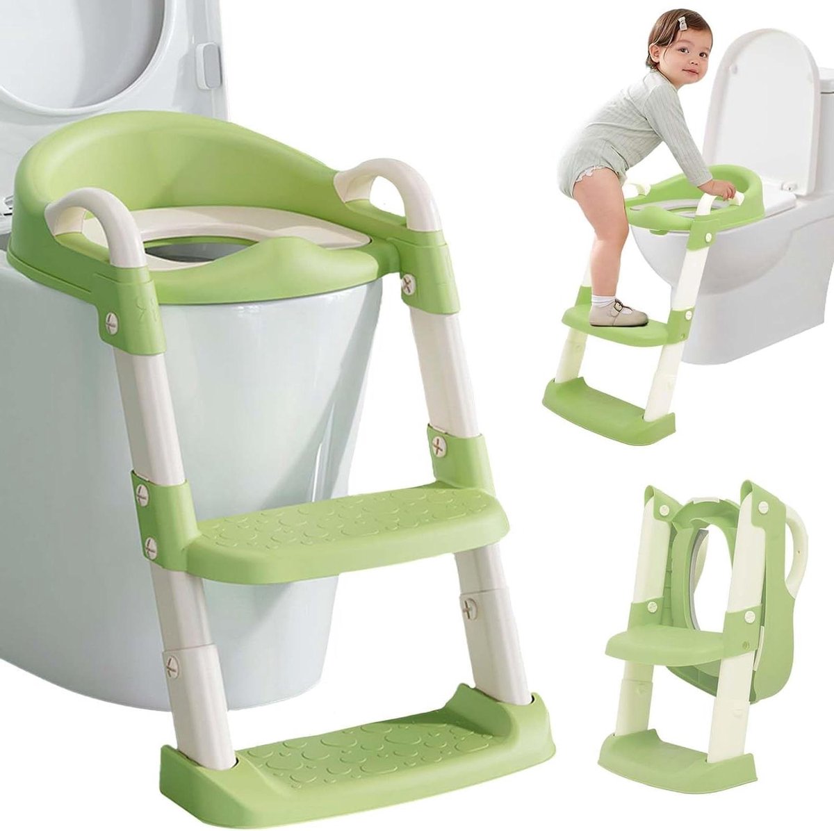 Kinder Toilet Stoel - Potty Trainer - Zindelijkheidstraining - Inclusief Ladder - Verstelbare Trede - Groen