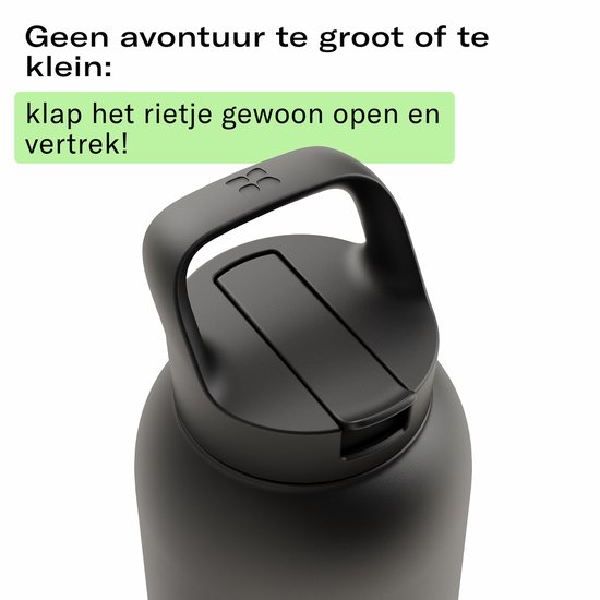 Zwart deksel met handvat en inklapbaar rietje van een waterfles.