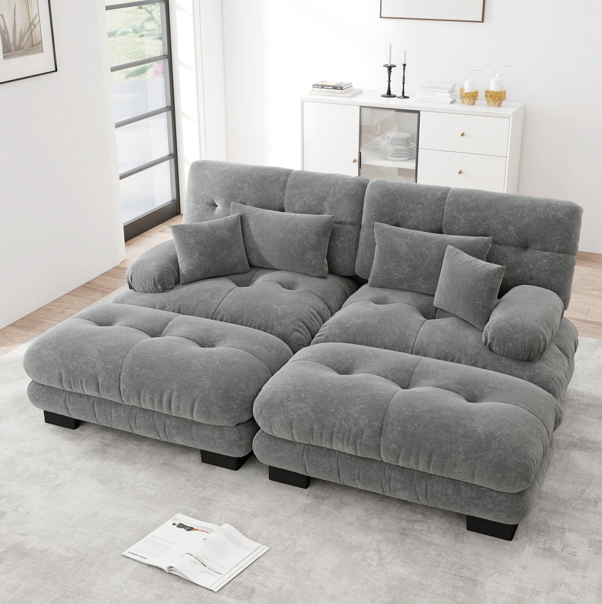 MIVRAY Hoekbank 220 x 145 cm - Modulaire Cloud Bank Met 2 Ottomans En Kussens - Voor Woonkamer En Lounge - Chenille Grijs