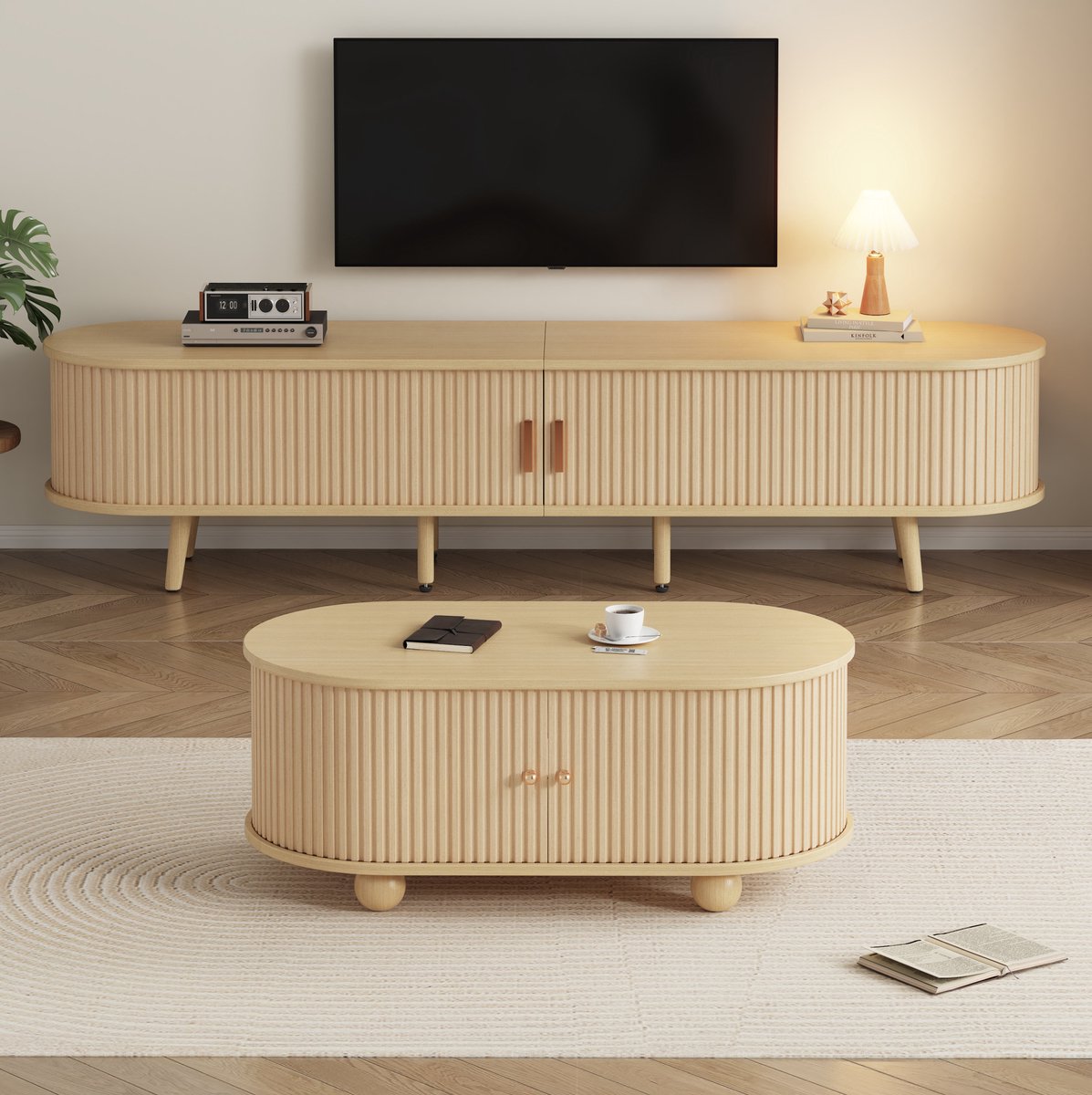 MEUNIQ tv-meubel en salontafel set van 2, walnootkleur, met 2 lades, 2 schuifdeuren, open 