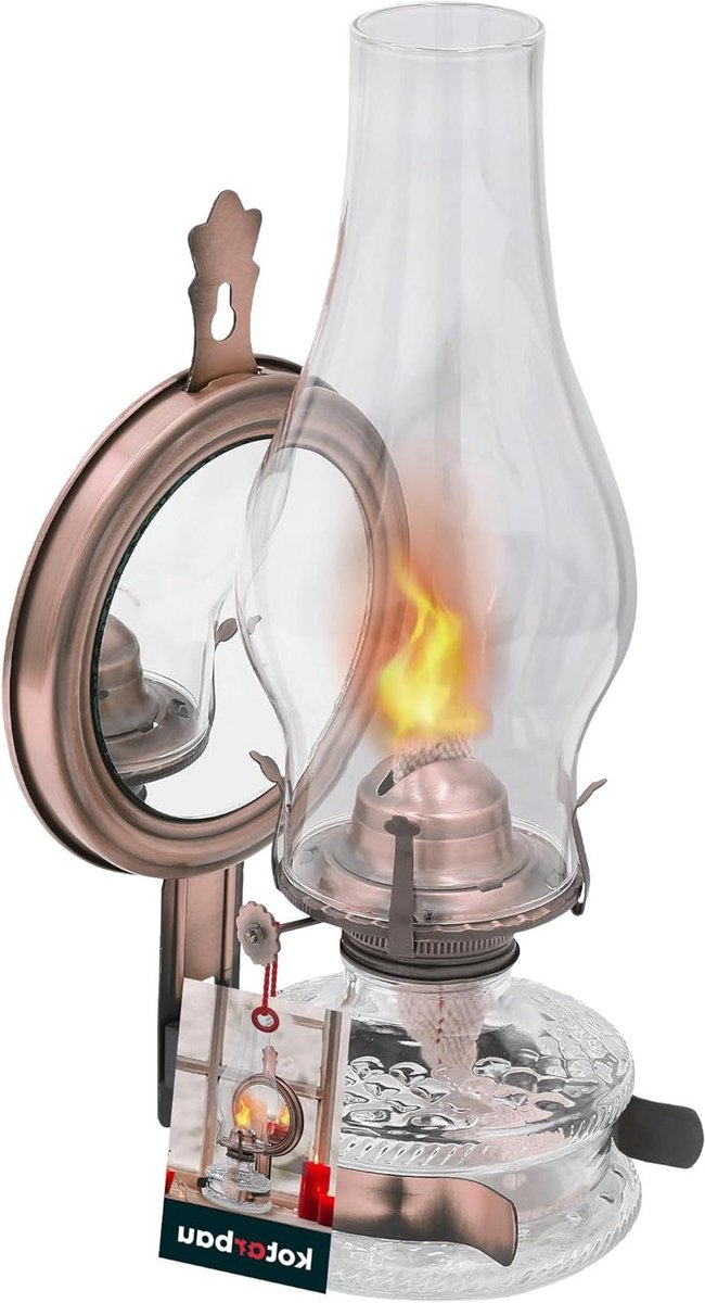 Petroleum Lamp - Sfeerlamp Kaars - Decoratief Gebruik - Spiegel voor Licht - 31 cm Hoog - Antiek Koper